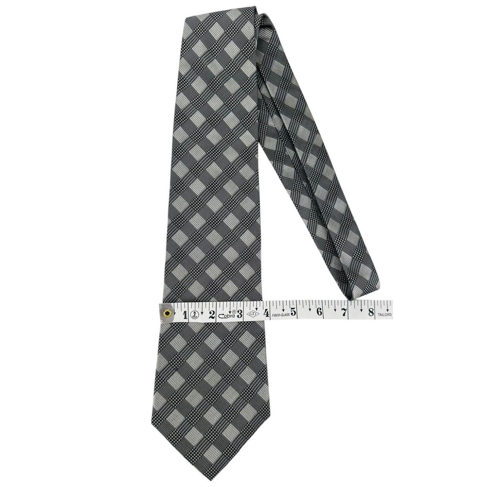 Vintage Zinc Men's 100% Silk Tie Black Gray Plaid Check Necktie - Picture 9 of 11